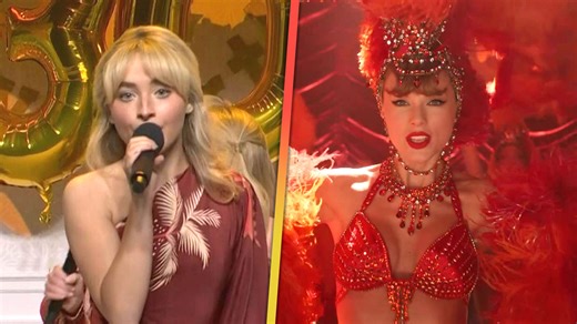 Sabrina Carpenter channeled fellow 'Showgirl' Taylor Swift while parodying 'The Fate of Ophelia' during 'Saturday Night Live.' | Entertainment Tonight