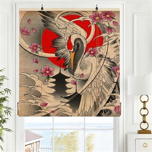 Traditional Japanese Crane Bamboo Window Shade, Sakura Cherry Blossom and Pagoda Art Blind, Oriental Roll up Bamboo Blinds for Home Decor - Etsy