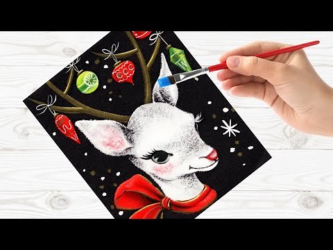 Easy Painting in acrylic Vintage Christmas Card Deer Live stream | TheArtSherpa