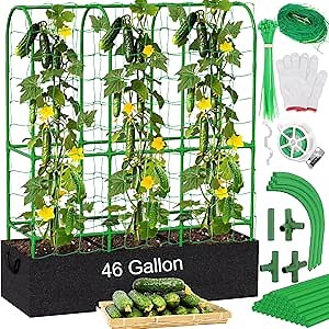 65"H x 50"W Cucumber Trellis with Grow Bag & Netting, U-Frame Metal Plant Support, Heavy-Duty Steel & Plastic, Green & Black, Rectangular, Climbing Plant Support Structure