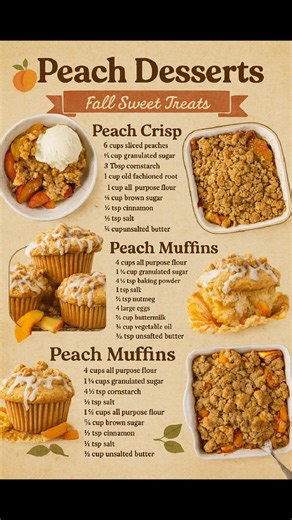 Warm Southern peach treats everyone goes crazy for. 🍑💛 EASY PEACH CRISP Ingredients: • 6 cups sliced peaches (fresh or canned, drained) • ½ cup granulated sugar • 3 tbsp cornstarch • 1 cup old-fashioned oats • 1 cup all-purpose flour • ½ cup brown sugar • ½ tsp cinnamon • ¼ tsp salt • ½ cup unsalted butter, melted PEACH MUFFINS Ingredients: • 2 cups all-purpose flour • 1 cup granulated sugar • 2 tsp baking powder • ½ tsp salt • ¼ tsp nutmeg • 2 large eggs • ¾ cup buttermilk • ½ cup vegetable o