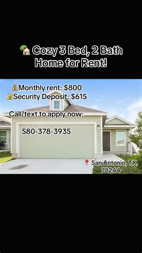 Looking for an affordable and spacious place to call home? This property is a perfect fit! ✨ 3 Bedrooms | 2 Bathrooms 📐 1,440 Sq Ft 💰 Rent: $800/month 📍 San Antonio, TX 78244 Plenty of space for comfortable living at a great price. Don’t miss this opportunity! 📲 Call or text 580-378-3935 to schedule a tour today! #SanAntonioHomes #HouseForRent #AffordableLiving #TexasHomes #RentalProperty