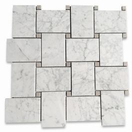 Carrara White Marble Large Basketweave Mosaic Tile w/ Cinderella Gray Tan Dots Honed