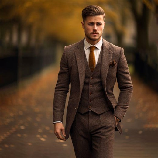 Men's Brown Tweed Wool Suit: Classic 3-piece Wedding Outfit, Grooms - Etsy