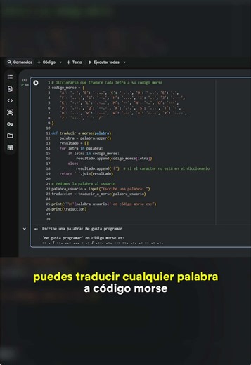 📡 ¡Convierte cualquier palabra en código morse con Python! En este tutorial aprenderás a crear un traductor que toma una palabra escrita por el usuario y la convierte automáticamente en puntos y rayas. 🔤 ✅ Crea un diccionario con el alfabeto en código morse. ✅ Recorre cada letra con una función. ✅ Usa input() para recibir texto del usuario. ✅ Muestra la traducción en la terminal. ¿Qué otro proyecto te gustaría hacer con Python? 👇 #Python #Programacion #CodigoMorse #AprenderPython #PuntoCode