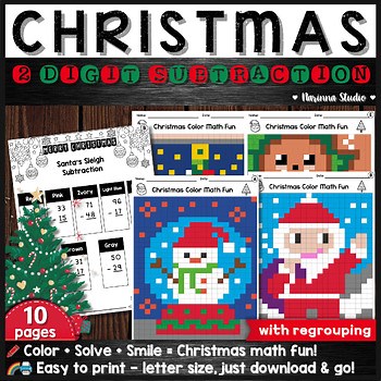 2 Digit Subtraction with Regrouping Christmas Worksheets - Color By Number