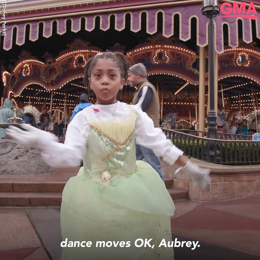 This 6-year-old cancer survivor, who inspired millions with her dance moves, meets Princess Tiana at @WaltDisneyWorld. https://gma.abc/3odiijh | Good Morning America