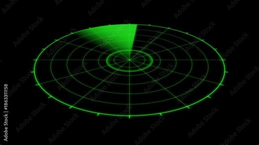 3D perspective active radar scanning seamless loop animation with rotating sweep and detection pulse radiating on black background. 4K animated radar for surveillance system and tech HUD interface.