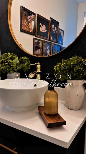 5.1K views · 22 reactions | Moody powder room✨Giving this small bathroom some love: ✨ the prettiest travertine tissue box cover✨ dark green hydrangeas & organic vase✨ brown glass soap dispenser✨ soft Turkish hand towel (with the cutest tassels). I just love styling my moody powder room癩癩Happy Friday friends!! To shop: click link in bio and head to my Amazon storefront. #amazonhome #moodybathroom #powderroom #springstyling | Donnadelainehome | Facebook