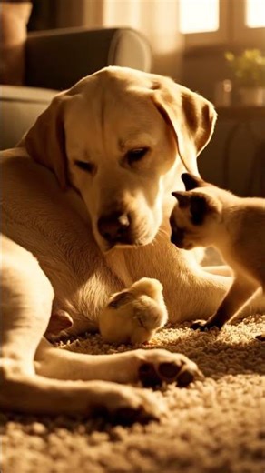 The Adorable Trio: Gentle Dog Protects Tiny Chick While Playful Kitten Joins In SafePaws AI