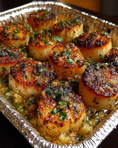 Garlic Butter Baked Scallops Ingredients: 1 lb sea scallops (cleaned and patted dry) 4 tablespoons unsalted butter, melted 3 cloves garlic, minced 1/2 cup breadcrumbs 1/4 cup grated Parmesan cheese 1 tablespoon lemon juice 1/2 teaspoon paprika Salt and pepper to taste Fresh parsley for garnish (optional) Directions: Preheat oven to 400°F (200°C). Lightly grease a baking dish. Arrange the scallops in a single layer in the dish. In a small bowl, combine melted butter, garlic, lemon juice, salt, pe