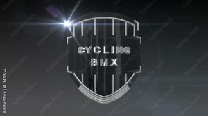 Seamless looping 3D animation of the word Cycling BMX on a shield – chrome version; including alpha matte