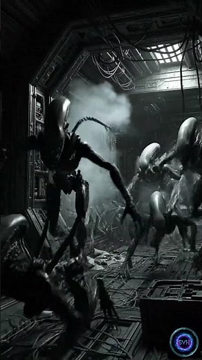 A alien swarming through a derelict spaceship