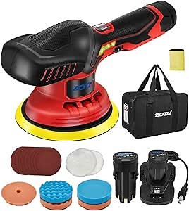 Cordless Buffer Polisher for Car,6 inch 2pcs 12V/2.0Ah Lithium Rechargeable Battery Cordless Polisher with 6 Variable Speed,Quiet Orbital Car Buffers and Polishers kit.