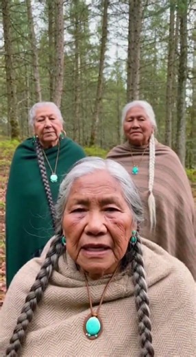 Three elder Indigenous women (ages 60–80). Silver and white hair braided traditionally