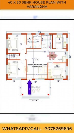 40 X 30 3BHK HOUSE PLAN WITH VARANDHA, GOPAL ARCHITECTURE