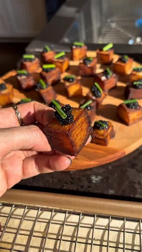POTATO PAVÉ. Recipe BELOW. Not quite one million layers but it’s close. A lot of requests for this recipe!!! I will be very impressed if anyone actually makes it, a labour of love but totally worth it❤️‍🔥 #cookeat 1 cup 35% cream 2 tsp fine salt 4 large russet potatoes, peeled 1 tbsp butter 4 cups veg or canola oil, for frying In a large bowl, add 35% cream and salt. Stir then set aside. Working on a cutting board, use a mandolin to slice potatoes lengthwise very thin (as thin as a coin). Place