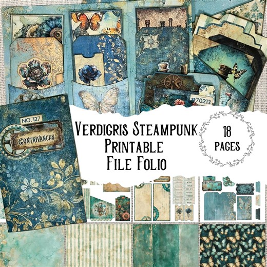 Verdigris Steampunk Printable Folio Copper Patina Junk Journal Folder Laboratory Digital Download - Etsy