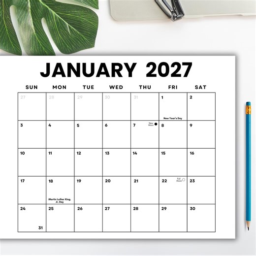 January 2027 Monthly Calendar W/holidays   Moons: Minimalist Planner (printable PDF, Digital Download, Sunday/monday Start) | Landscape Ltr - Etsy UK