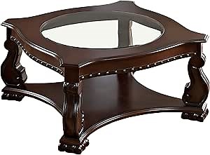 Benjara Wood and Glass Coffee Table with Rivet Accents, Brown and Clear