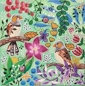 Handmade Zebra Finch Painting: Colorful Floral Acrylic Art (30.5 X 30.5cm) - Etsy Australia