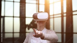 Office employee having fun at work, watching 3D video in virtual reality glasses