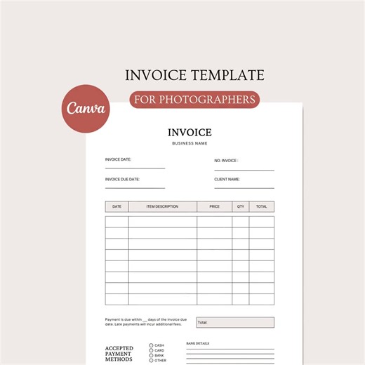Photography Invoice Template | Editable Small Business Invoice (canva) - Etsy