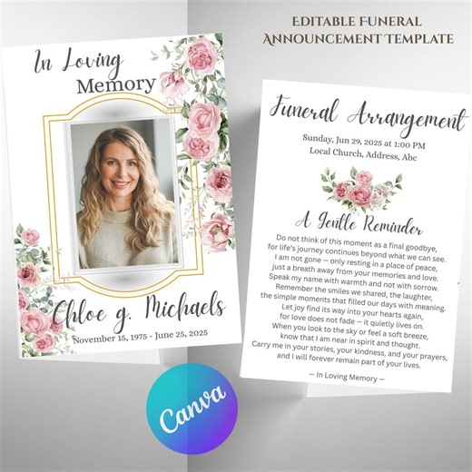 Editable Funeral Announcement Template | Memorial and Obituary Program | Printable Canva PDF | Instant Download | Rose Funeral Program - Etsy
