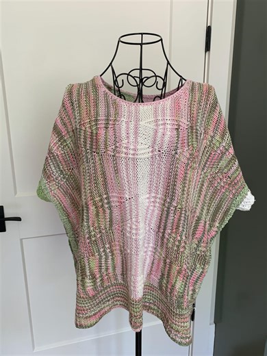 Hand Knit Spring Pink and Green Sweater - short sleeves - Boho Chic - Comfortable - One of a Kind - Oversized - Premium non wool yarns