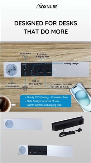 BOXNUBE Desk Cable Cubby Power Box with Wireless Charger - Black & Silver