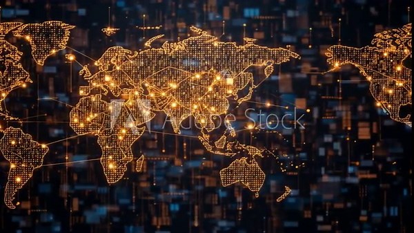 Global Connectivity Visualization: A Digital World Map Representing Network Connections and Data