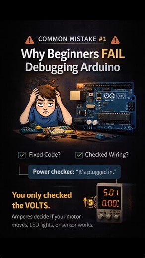 Robotics Debugger on Instagram: "Why your Arduino project “works on paper” but fails in real life ⚠️ Most beginners (and even intermediates) debug like this 👇 ✔ Code fixed ✔ Wiring checked ✔ Power connected But the project still doesn’t work. Why? Because you only checked VOLTS — ⚡ AMPS decide whether your motor spins, LED lights, or sensor responds. Low current = ❌ Motor won’t move ❌ Sensor gives random values ❌ Arduino keeps resetting This single mistake causes 80% of “my project doesn’t work