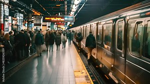 Crowd of commuters rushing on a busy subway platform, A crowded subway platform with commuters rushing to catch their train