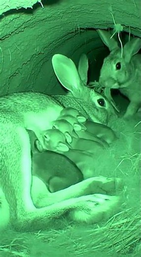 Rabbit Mother Nursing Babies in the Burrow