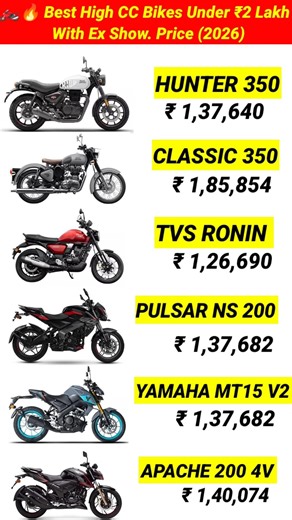 Best High cc Bikes in India Under 2 Lakh 💸 #hunter350 #classic350 #tvsronin #pulserns200 #apache200