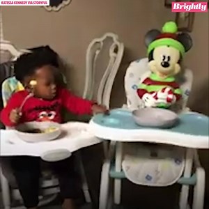 109K views · 766 reactions | This toddler trying to share his food with his Mickey Mouse toy is so cute! https://gma.abc/2ZzRteQ | Good Morning America | Facebook