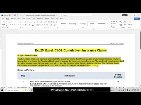 Exp25 Excel Chapter 4 Cumulative Assessment | Insurance Claims | Excel 365/2021