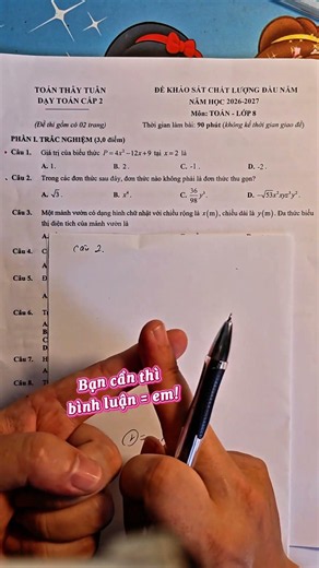 Đề khảo sát đầu năm toán 8, đơn thức thu gọn