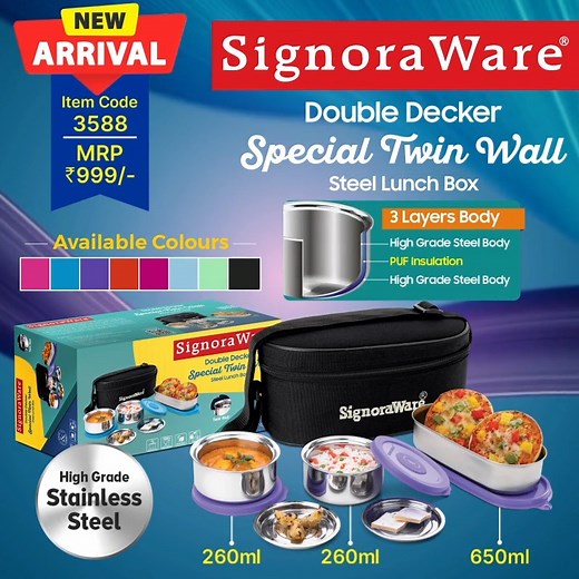 NEW ARRIVAL! Introducing our Double Decker Special Twin Wall Steel Lunch Box Stylish, spacious, and perfect for meals on-the-go! . . Buy link in bio . . #signoraware #signorawareindia #signorawarelunchbox #doubledecker #specialtwinwall #newlaunch #steellunchbox #utilitygifting #3layersbody #multicolour #highgradestainlesssteel | SignoraWare
