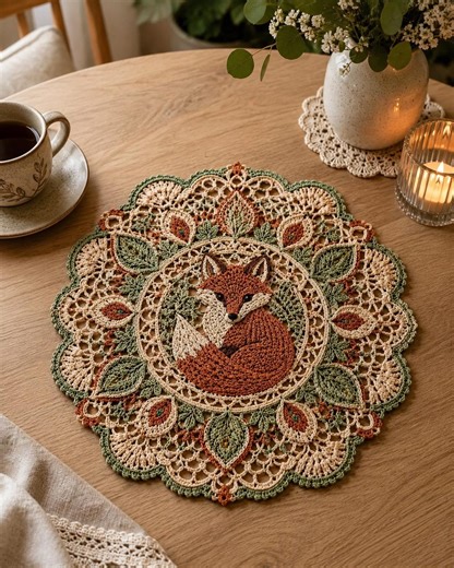 Fox Crochet Doily Pattern, Woodland Lace Table Mat PDF, Floral Mandala Centerpiece, Cottagecore Home Decor - Etsy