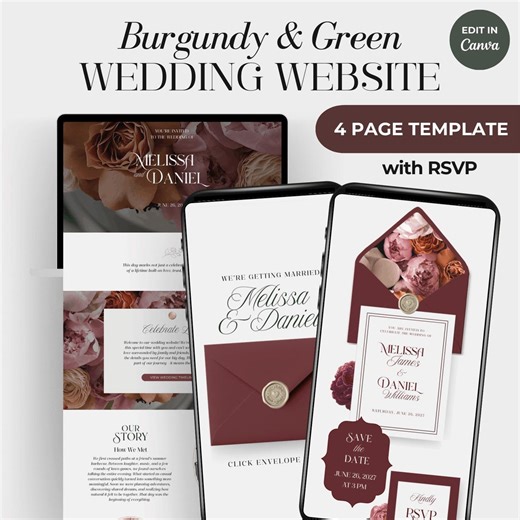 Burgundy Wedding Website Template With RSVP Form | Editable Canva Burgundy and Green Floral Design - Etsy