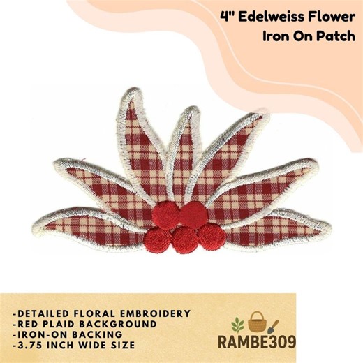 4" Edelweiss Flower Embroidered Iron on Patch, Red Plaid Floral Applique - Etsy
