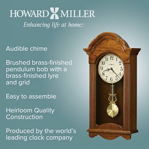 Howard Miller Cambria Wall Clock II 549-518 – Legacy Oak Finish Wood Frame, Vintage Home Decor, Brushed Brass Finished Pendulum, Quartz, Single-Chime Movement