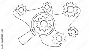 Self-drawing of a magnifying glass and gears in one line on a white screen. Animation of the process of study, repair, research, management, office work. 4k video with magnifier and spare parts.