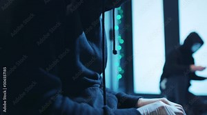 Criminal group of hackers stealing big data in database server room. Malicious masked hacker typing bad code on laptop breaking a server looking at camera. Cybercrime.