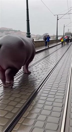 Hippo Trudges Down Flooded Prague Riverfront