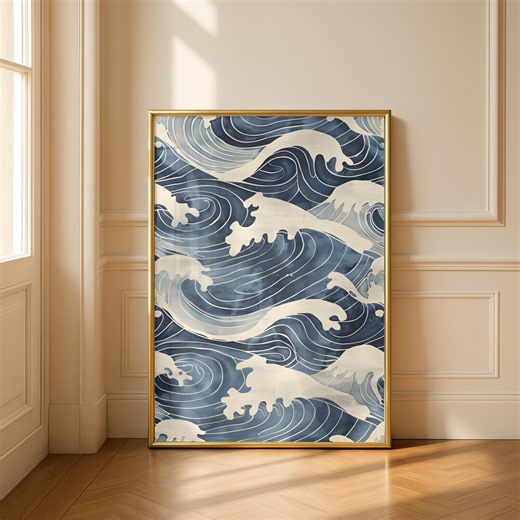 Japanese Wave Pattern Wall Art, Indigo Ocean Abstract Print, Japandi Decor, Minimalist Zen Coastal Poster, Wabi Sabi Asian Wave Artwork - Etsy