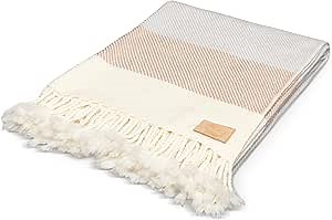 Ritzy Wool Throw Blanket, Solana - Super Soft, 100 Percent Pure Merino, 18-Micron, Boho Style, Sea Salt Blue, Mustard Yellow and White Stripe, 60 x 80 Inches, Hand Knotted Tassels.