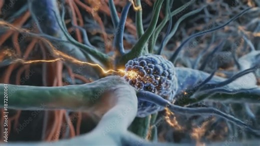 Brain cells network showing neuron communication with electrical impulses in the nervous system 3D animation