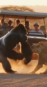 Witness an epic wildlife encounter on the African savannah! 🥵 A powerful silverback gorilla faces off against two daring male lions while tourists watch in awe. Golden sunlight, dust clouds, realistic motion, and hyper-detailed fur make it feel like you’re really there. No cartoon, no music—just pure cinematic wildlife action and natural sounds. Follow for more breathtaking animal moments! 🦍🦁✨ | Savage Kingdom